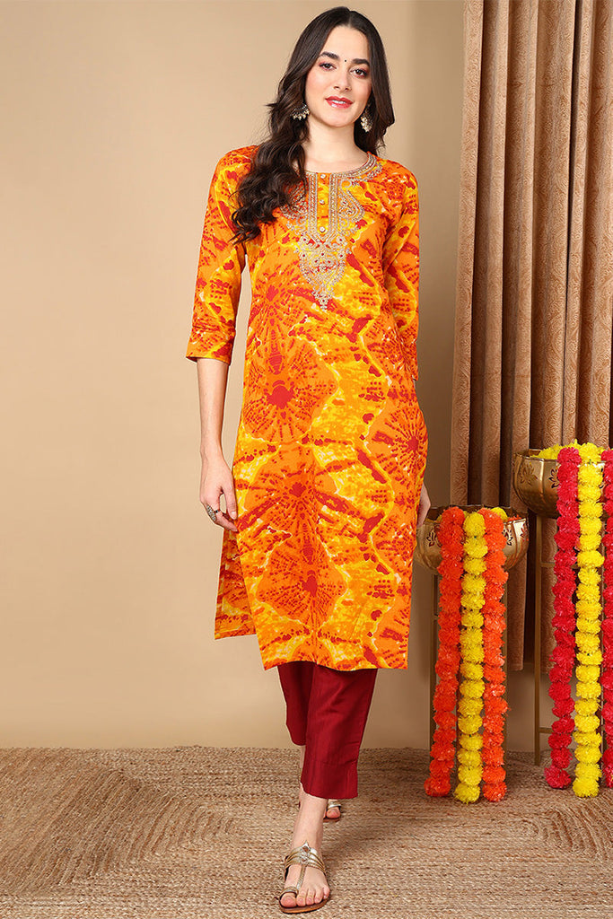 Orange Viscose Rayon Abstract Printed Straight Kurta VCK9691