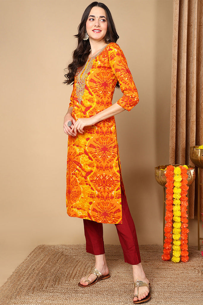 Orange Viscose Rayon Abstract Printed Straight Kurta VCK9691