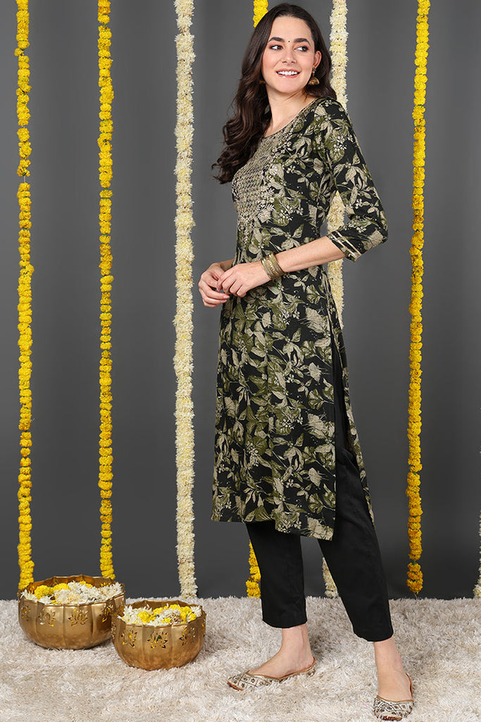 Green Silk Blend Floral Printed Straight Kurta VCK9697