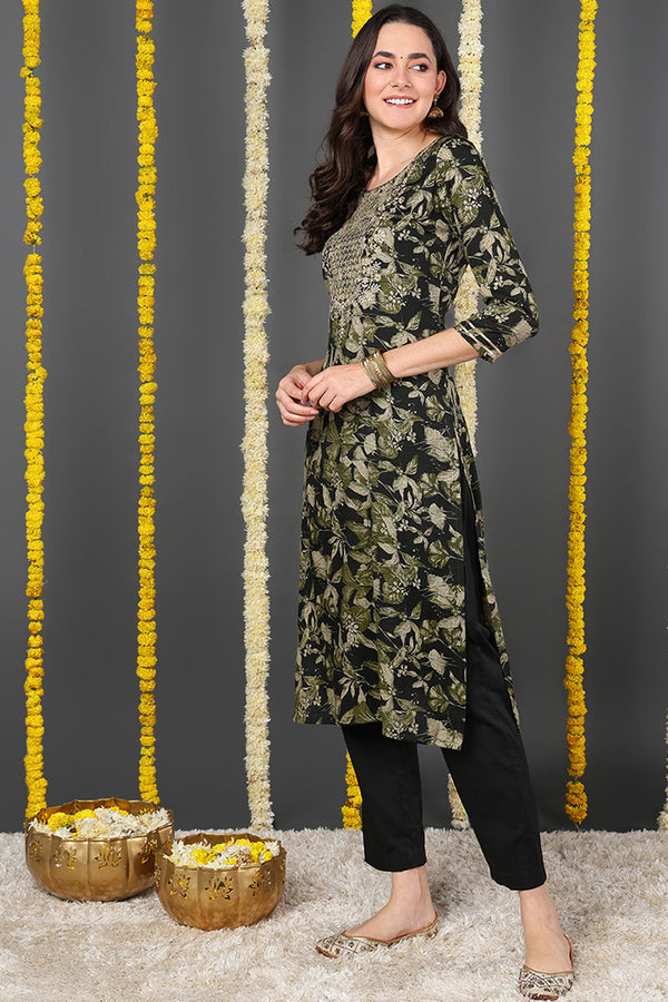 Green Silk Blend Floral Printed Straight Kurta VCK9697