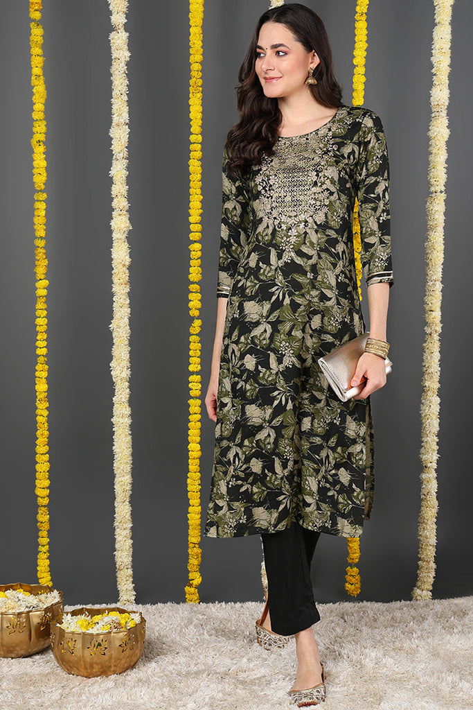 Green Silk Blend Floral Printed Straight Kurta VCK9697