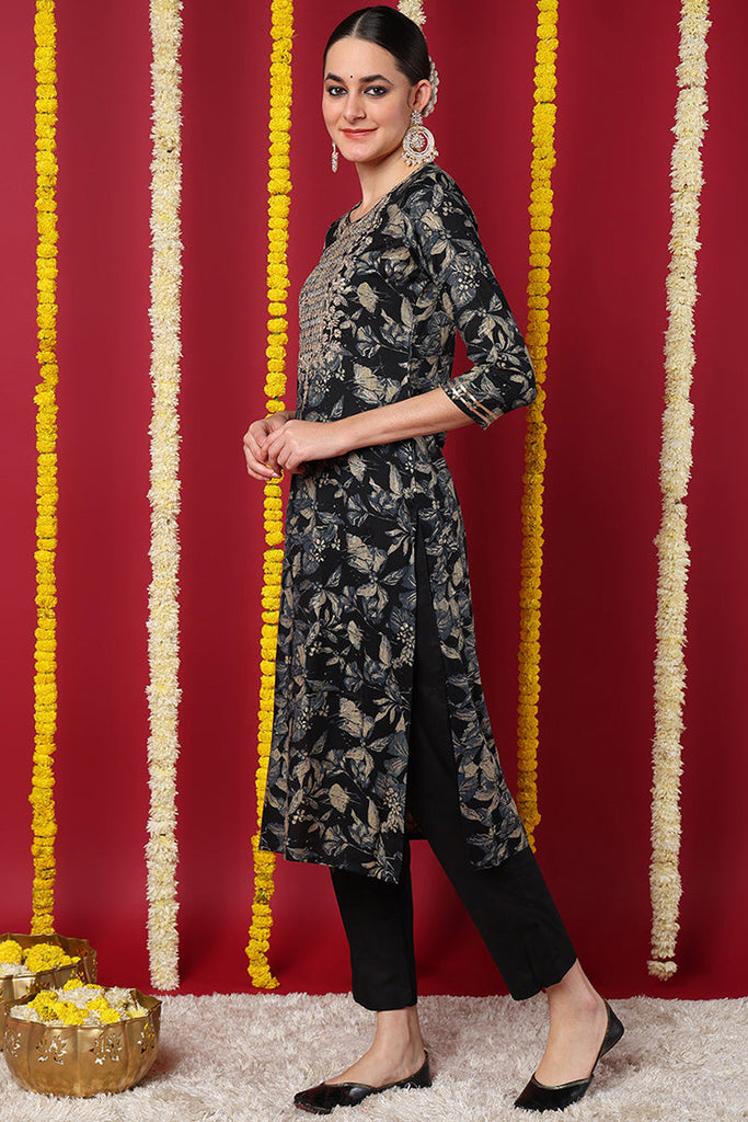 Navy Blue Silk Blend Floral Printed Straight Kurta VCK9698