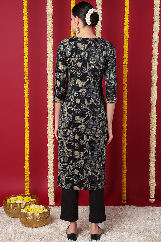 Navy Blue Silk Blend Floral Printed Straight Kurta VCK9698