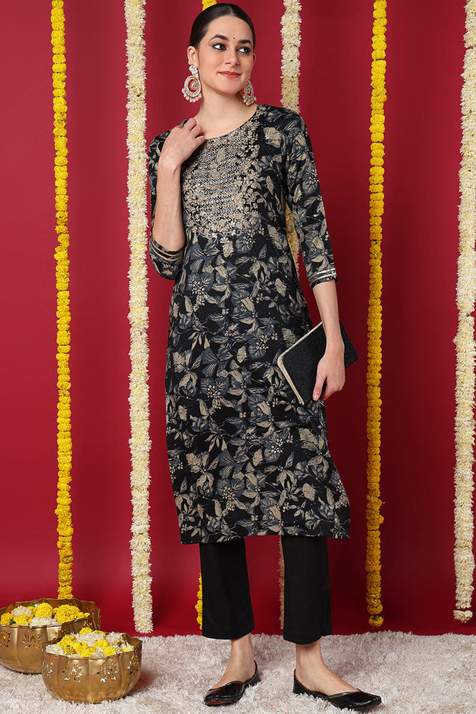 Navy Blue Silk Blend Floral Printed Straight Kurta VCK9698