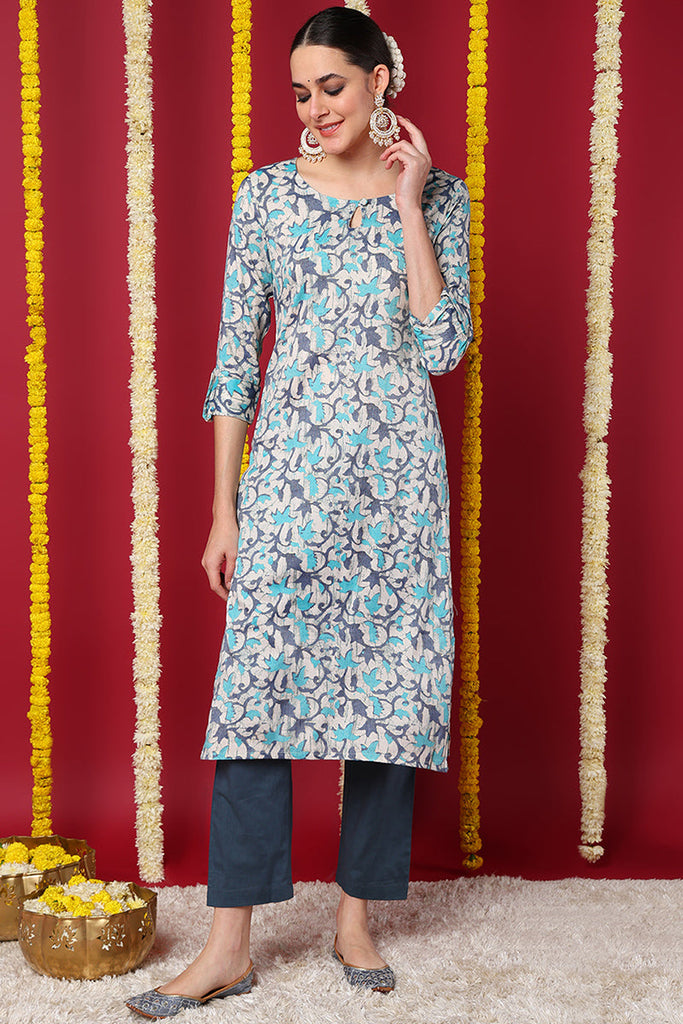 Beige Silk Blend Ethnic Motifs Printed Straight Kurta VCK9709