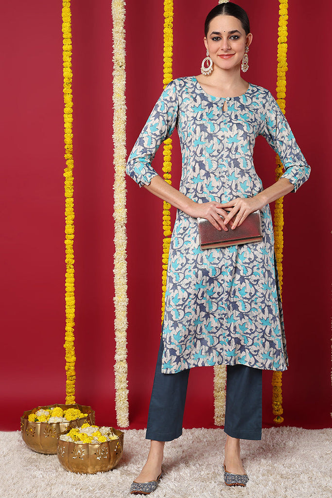 Beige Silk Blend Ethnic Motifs Printed Straight Kurta VCK9709