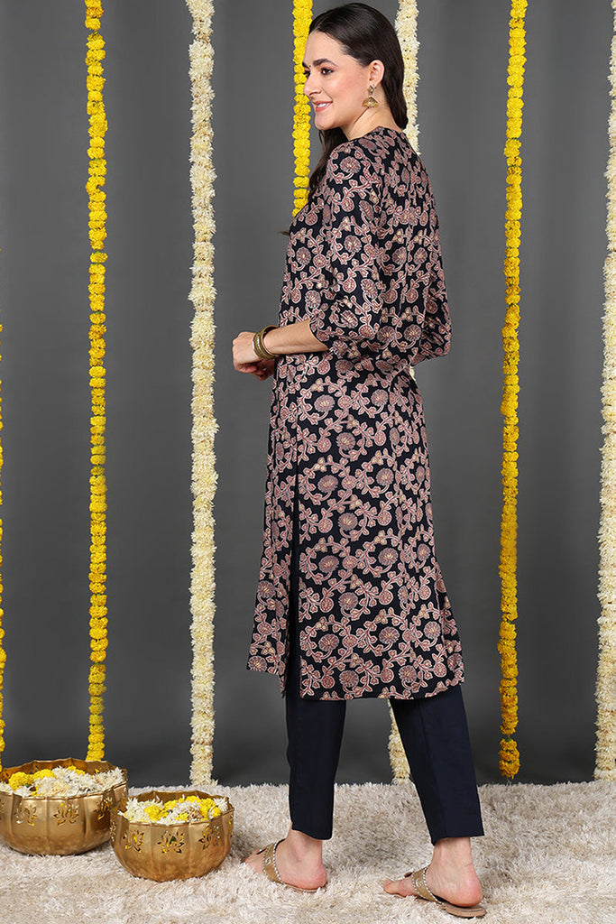 Black Viscose Rayon Floral Printed Straight Kurta VCK9711