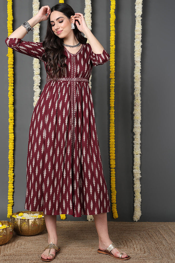 Maroon Viscose Rayon Ethnic Motifs Printed A-Line Dress VCK9716