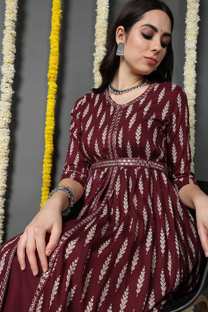 Maroon Viscose Rayon Ethnic Motifs Printed A-Line Dress VCK9716