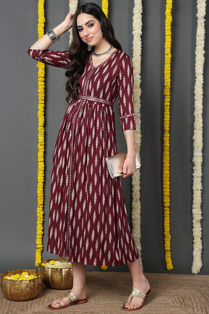 Maroon Viscose Rayon Ethnic Motifs Printed A-Line Dress VCK9716