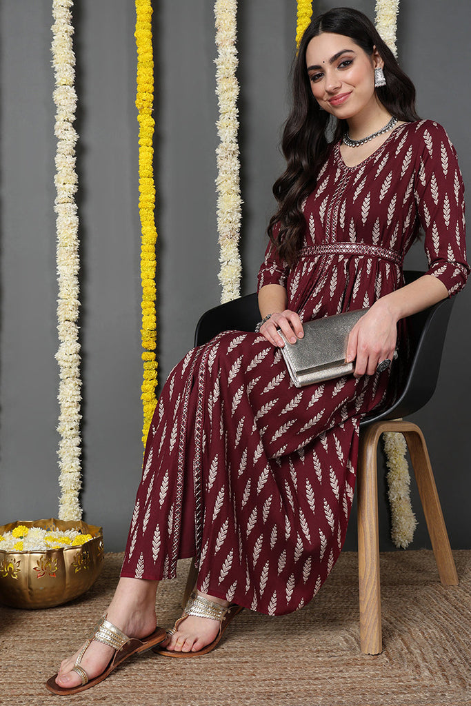 Maroon Viscose Rayon Ethnic Motifs Printed A-Line Dress VCK9716