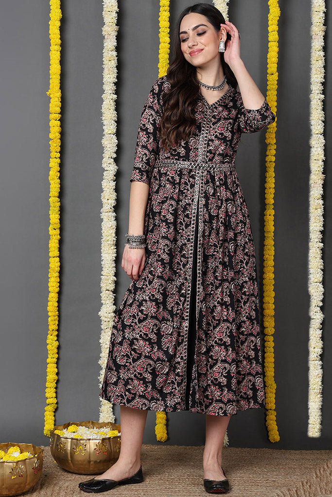 Black Viscose Rayon Floral Printed A-Line Kurta VCK9718