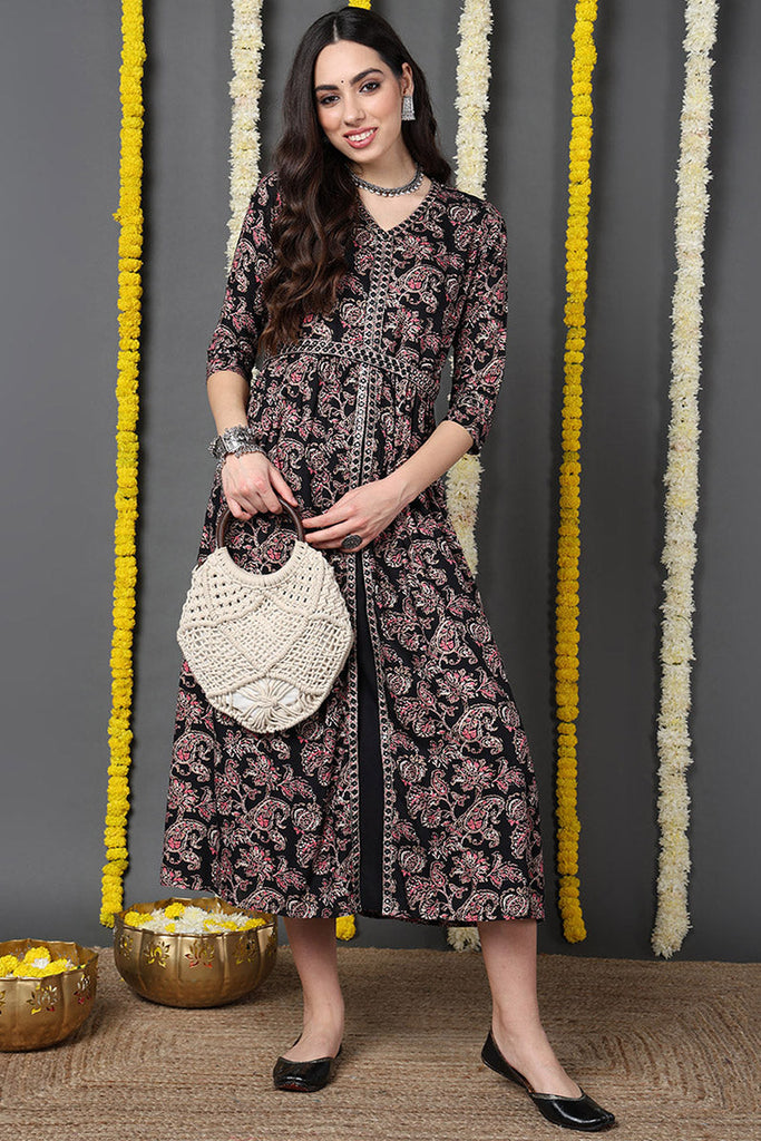 Black Viscose Rayon Floral Printed A-Line Kurta VCK9718