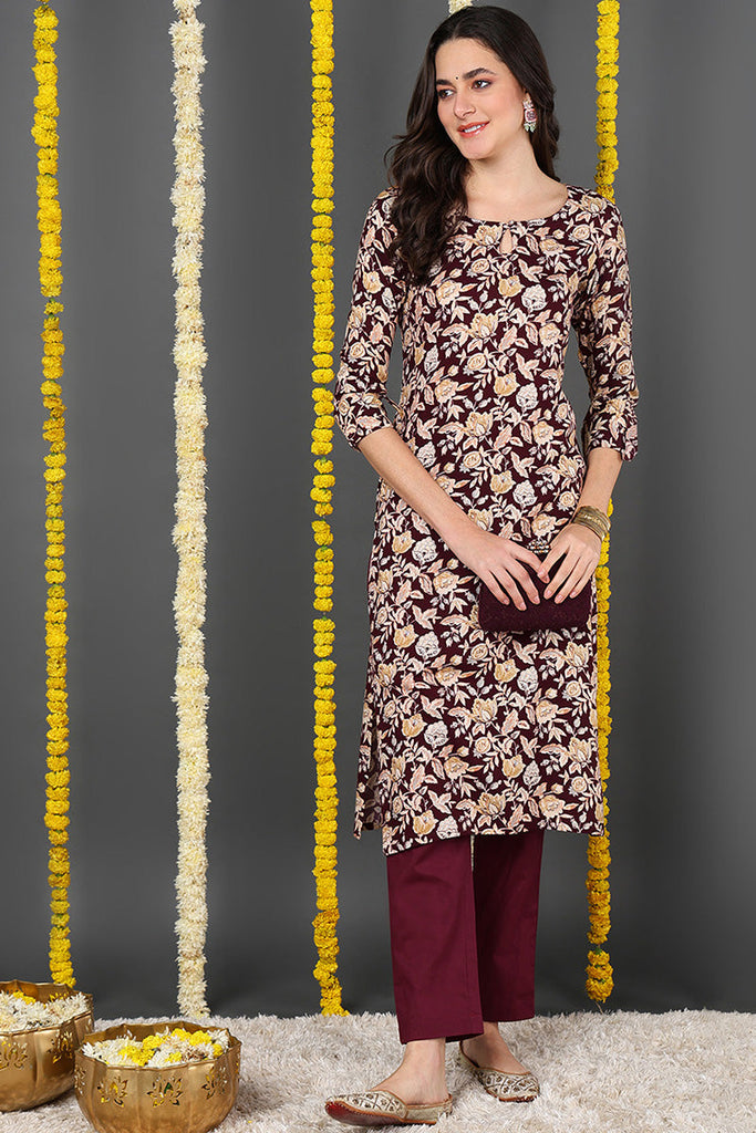 Maroon Viscose Rayon Floral Printed Straight Kurta VCK9721