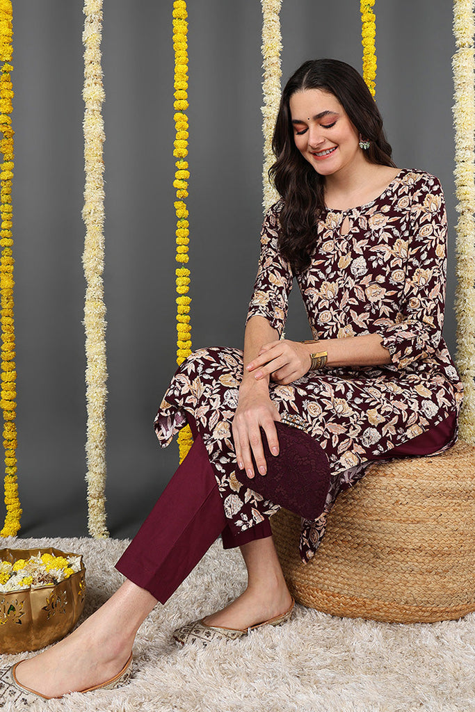 Maroon Viscose Rayon Floral Printed Straight Kurta VCK9721