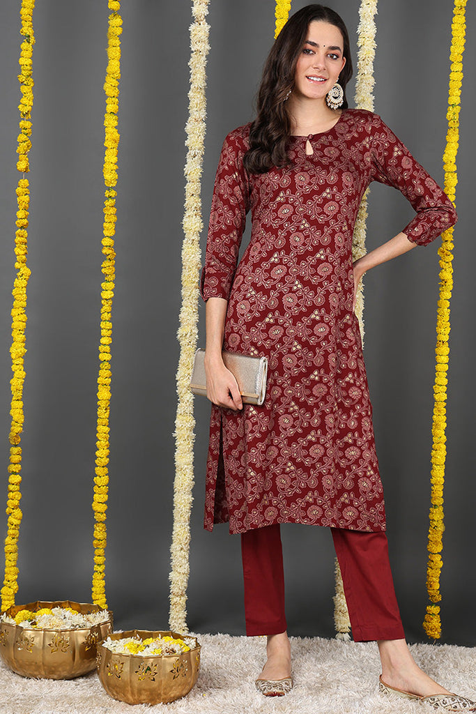 Maroon Viscose Rayon Floral Printed Straight Kurta VCK9723