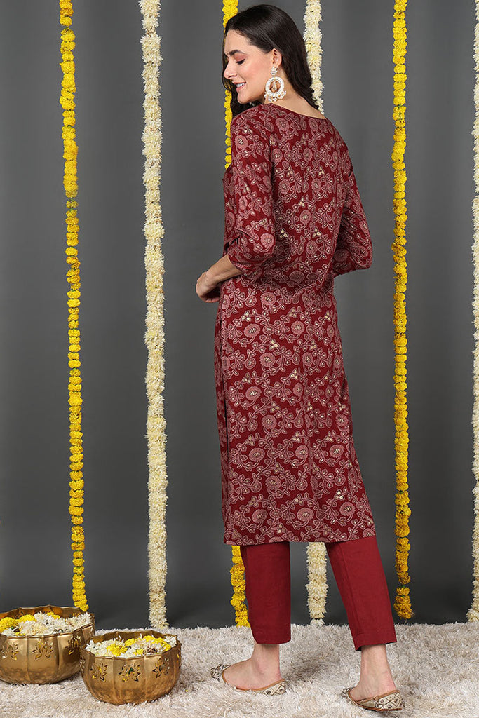 Maroon Viscose Rayon Floral Printed Straight Kurta VCK9723