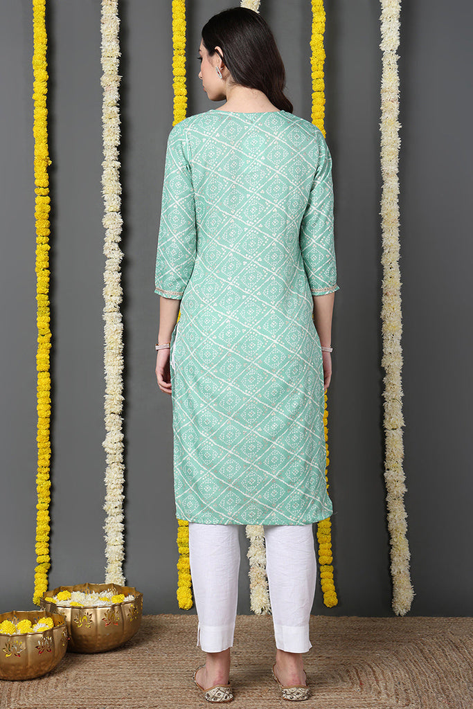 Sea Green Cotton Blend Bandhani Printed Straight Kurta VCK9740