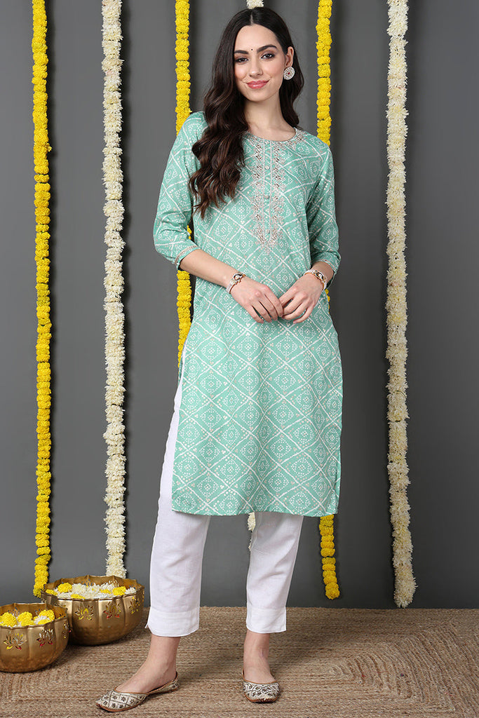 Sea Green Cotton Blend Bandhani Printed Straight Kurta VCK9740