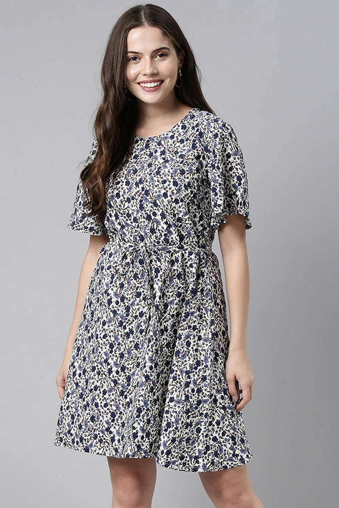  Women Off-White & Navy Blue Printed Fit & Flare Dress