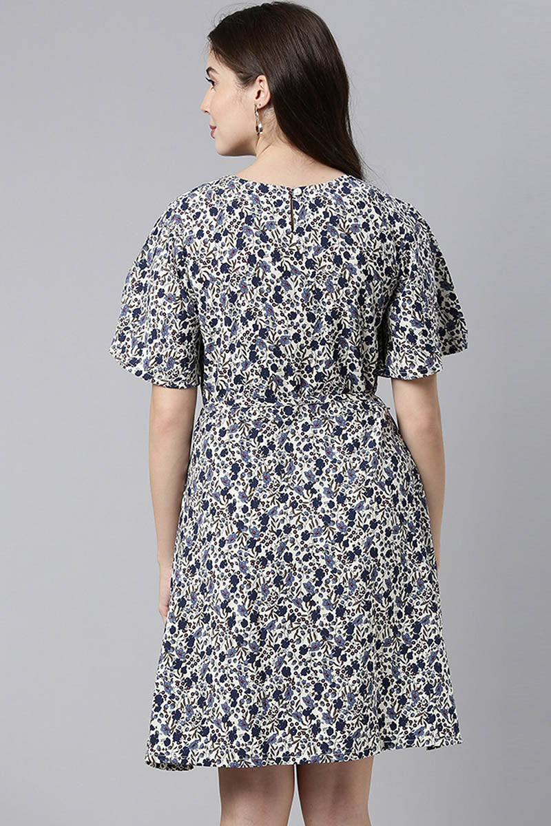  Women Off-White & Navy Blue Printed Fit & Flare Dress