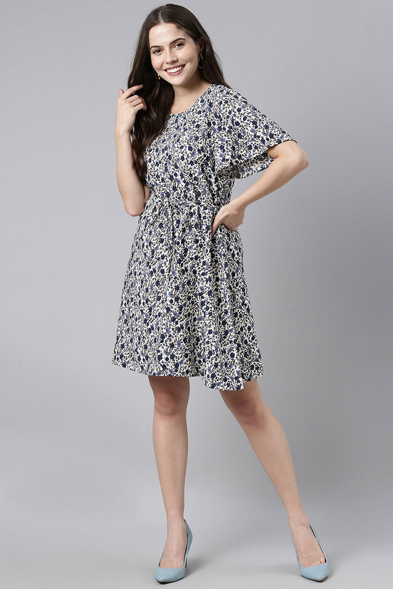  Women Off-White & Navy Blue Printed Fit & Flare Dress