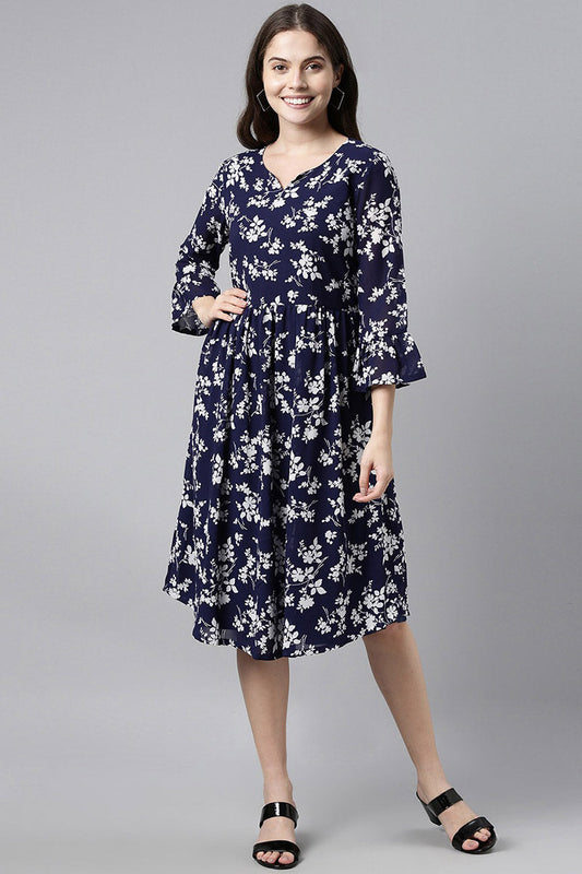  Women Polychiffon Navy Blue Floral Chiffon Dress