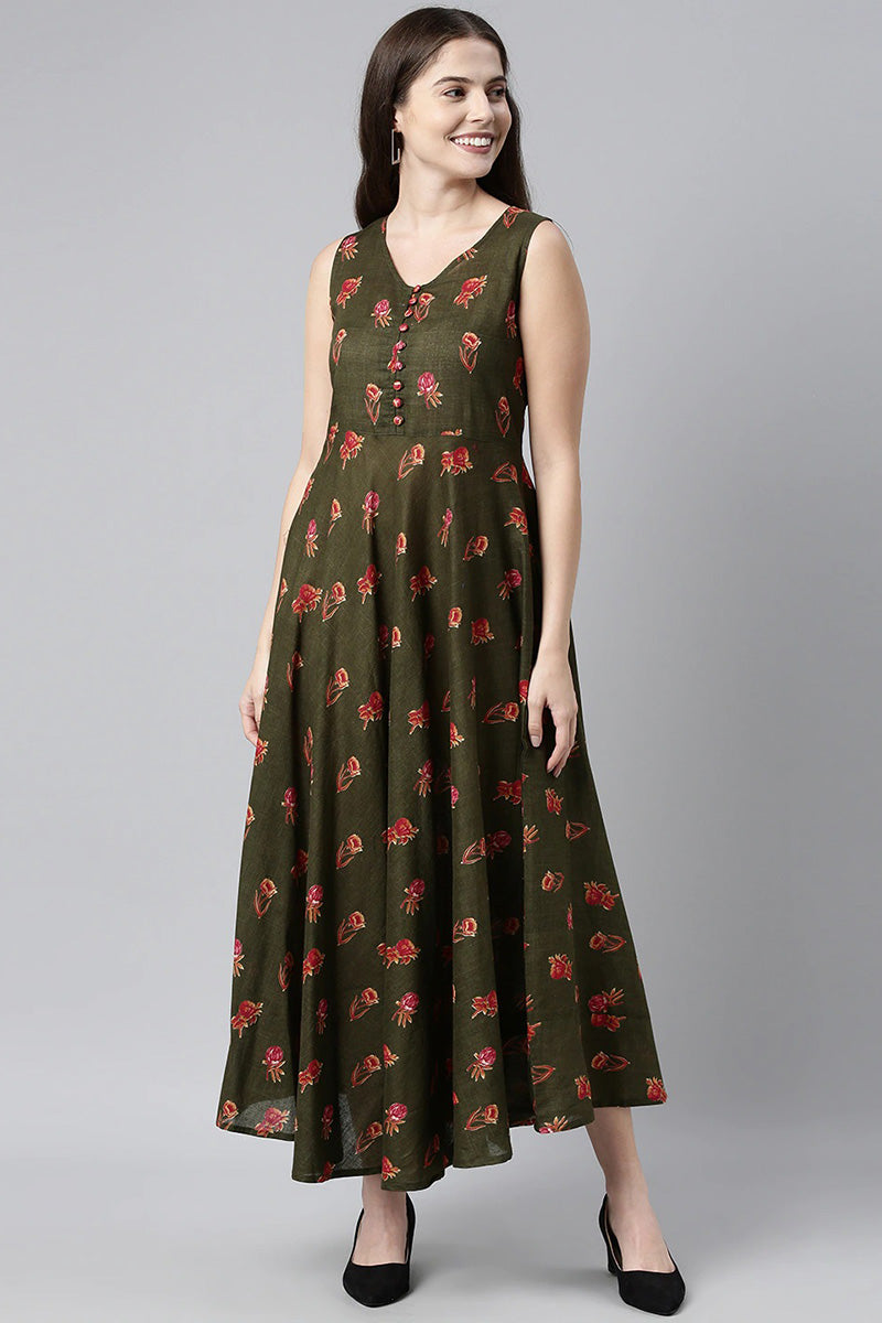  Women Pure Cotton Green Floral Maxi Dress