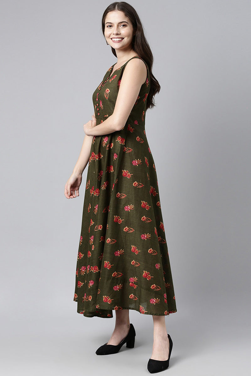  Women Pure Cotton Green Floral Maxi Dress