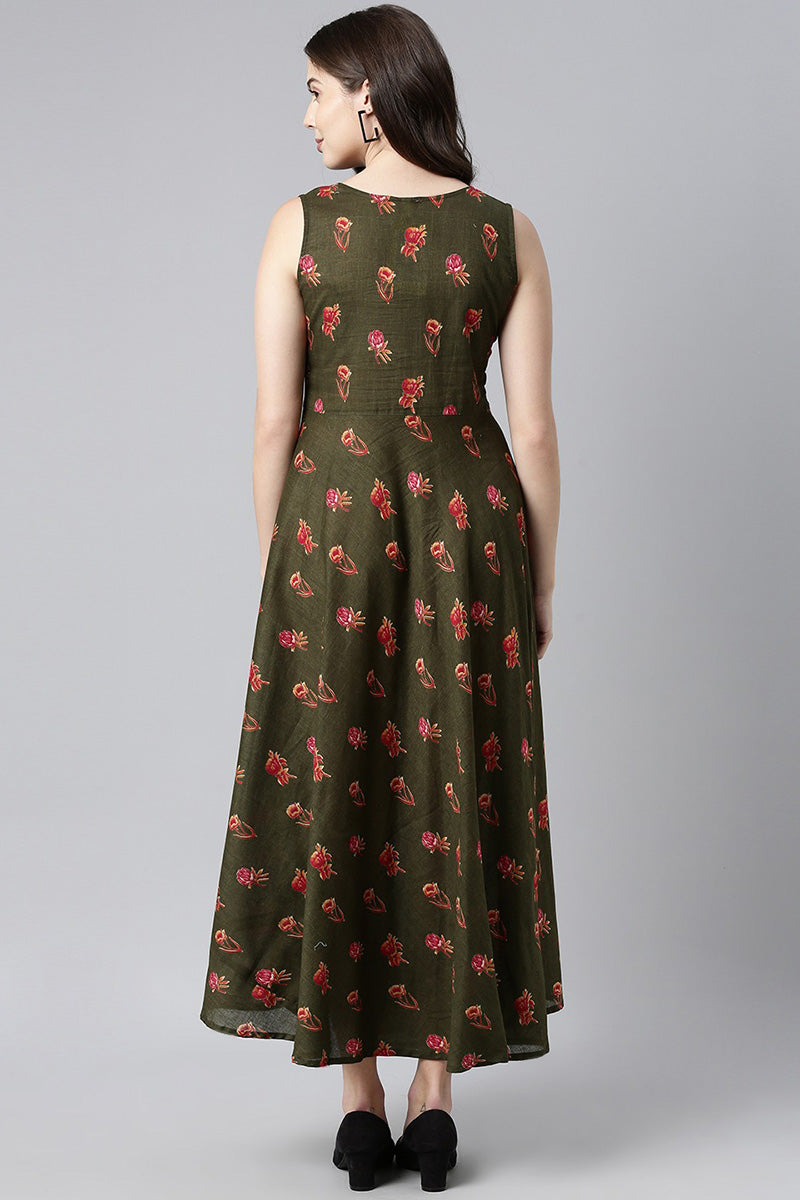  Women Pure Cotton Green Floral Maxi Dress