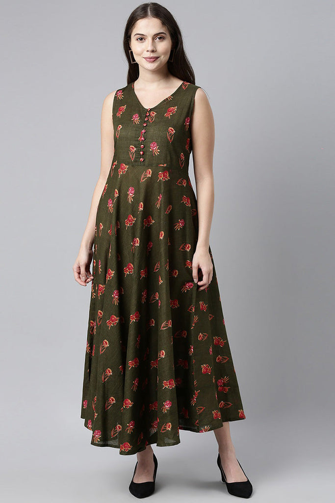  Women Pure Cotton Green Floral Maxi Dress