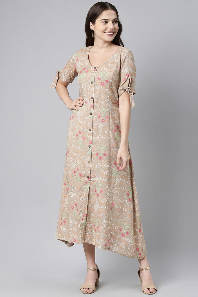  Women Pure Cotton Brown & Pink Floral Print A-Line Midi Dress