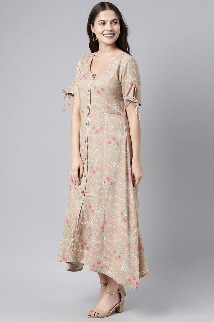  Women Pure Cotton Brown & Pink Floral Print A-Line Midi Dress