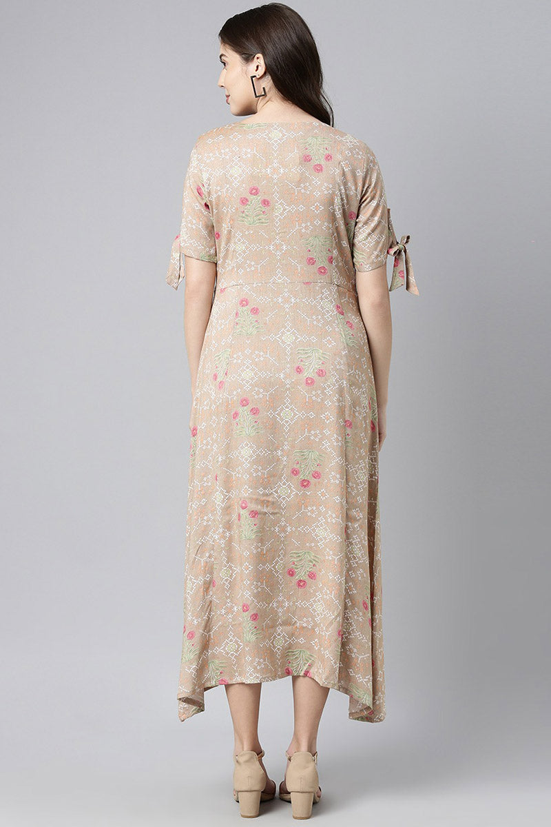  Women Pure Cotton Brown & Pink Floral Print A-Line Midi Dress