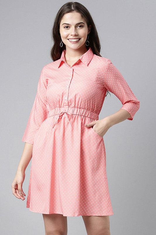  Pink Crepe Polka Dot Mini Dress