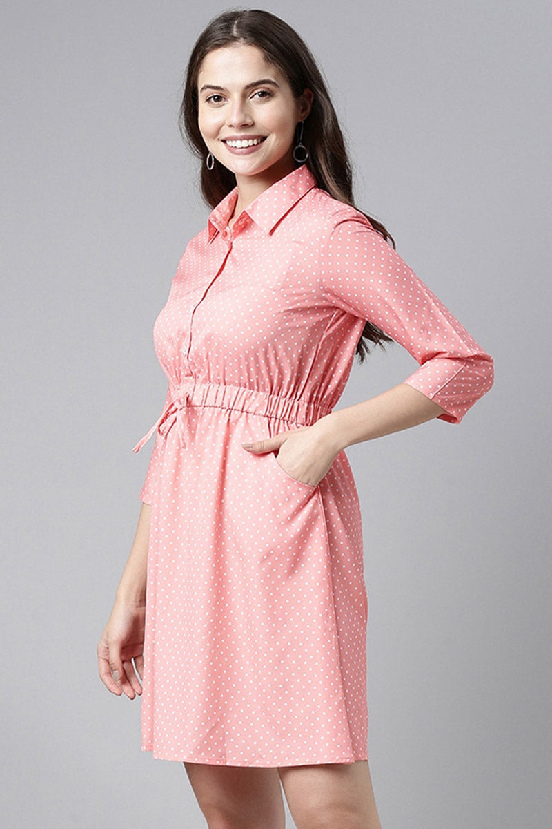  Pink Crepe Polka Dot Mini Dress