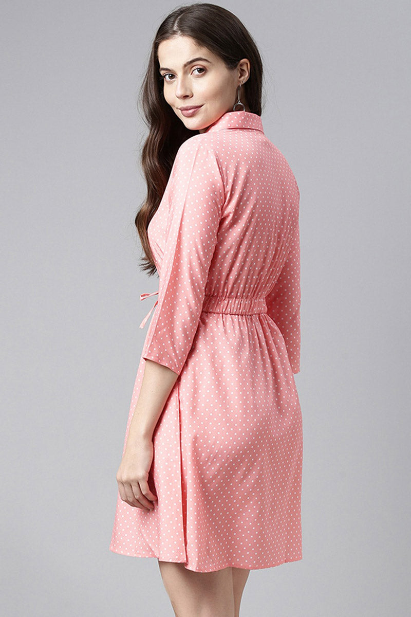  Pink Crepe Polka Dot Mini Dress