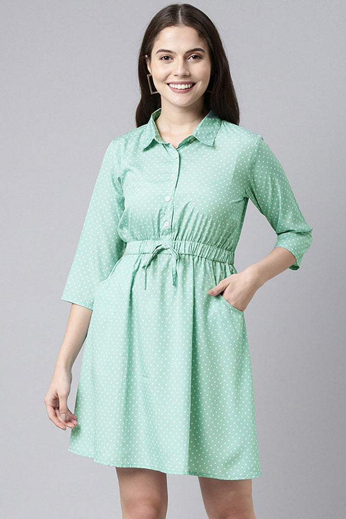  Green White Fit and Flare Dress with Waist Tie-Ups