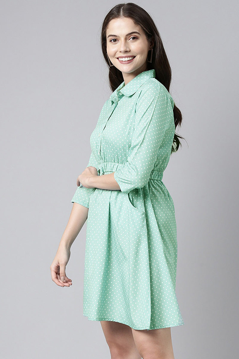  Green White Fit and Flare Dress with Waist Tie-Ups