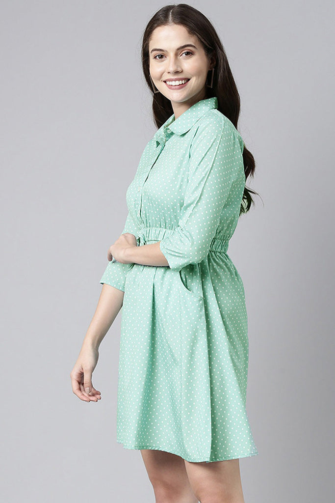  Green White Fit and Flare Dress with Waist Tie-Ups