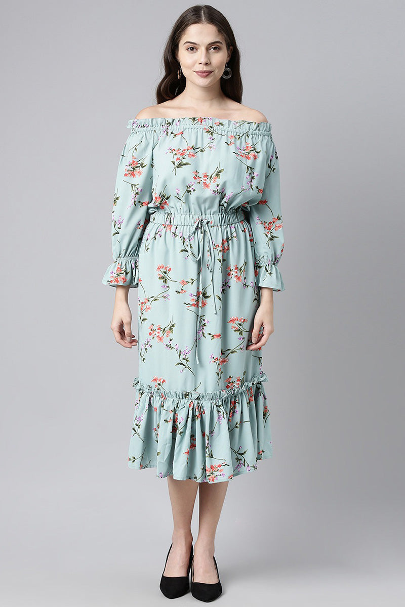  Blue Red Floral Print Off-Shoulder Flounce Hem Midi Dress with Waist Tie-Ups