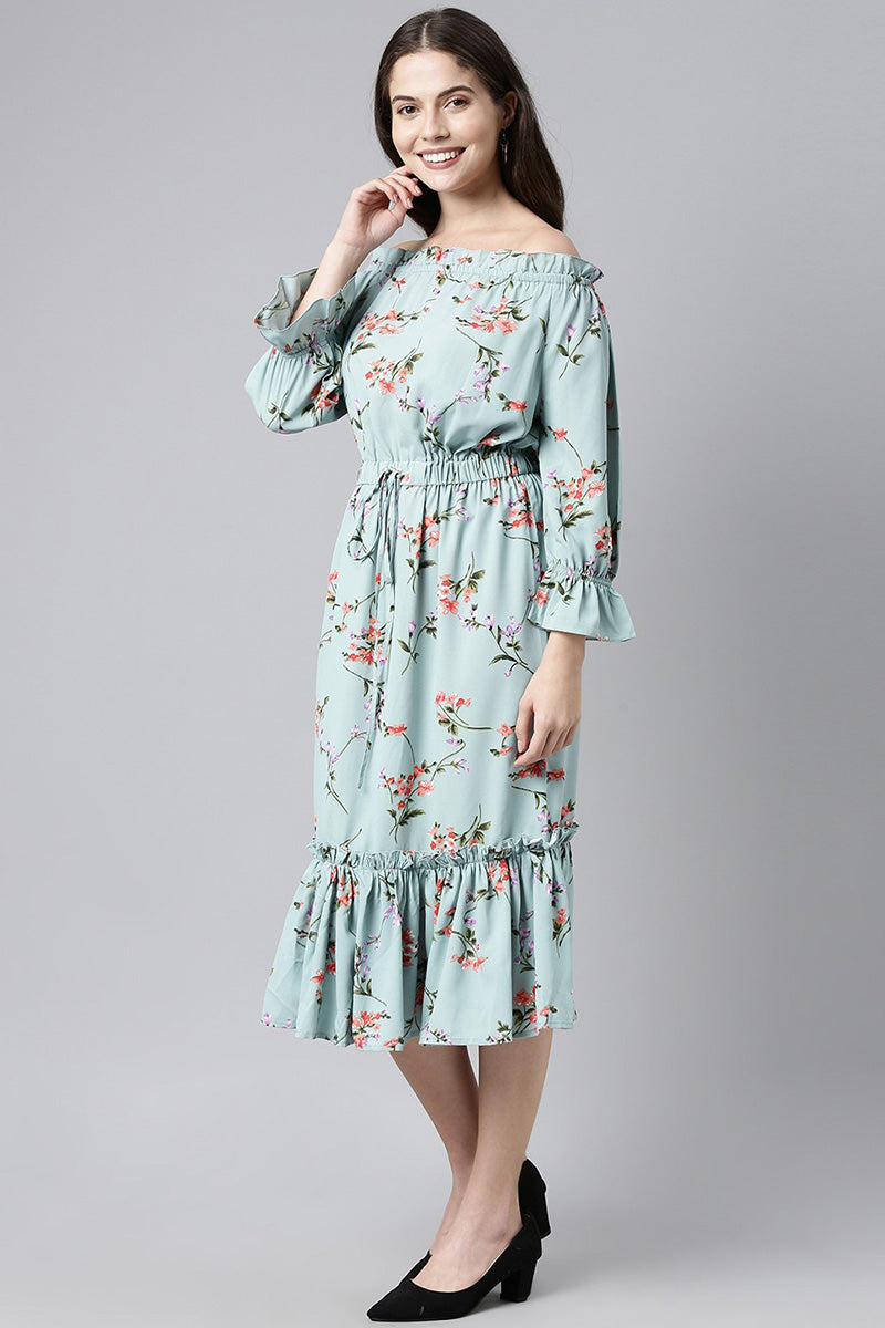  Blue Red Floral Print Off-Shoulder Flounce Hem Midi Dress with Waist Tie-Ups