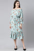  Blue Red Floral Print Off-Shoulder Flounce Hem Midi Dress with Waist Tie-Ups