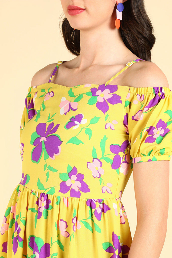  Women Yellow Georgette Printed Dress