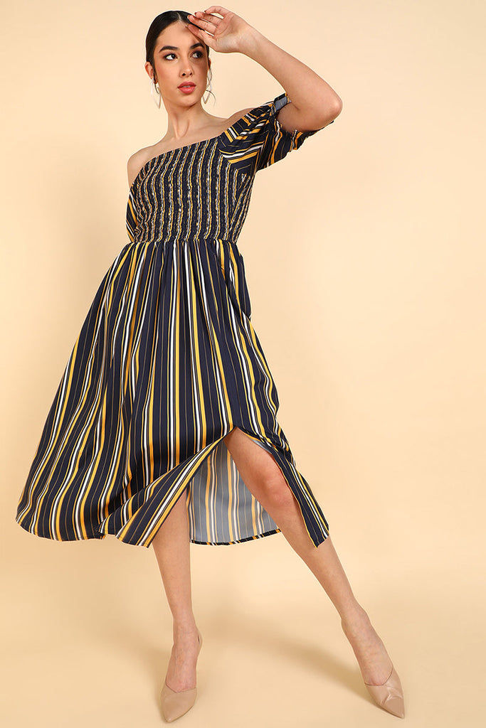  Women Navy Blue Polyester Striped Dress