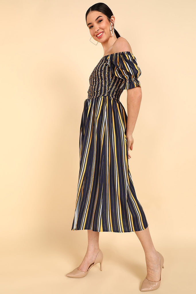  Women Navy Blue Polyester Striped Dress