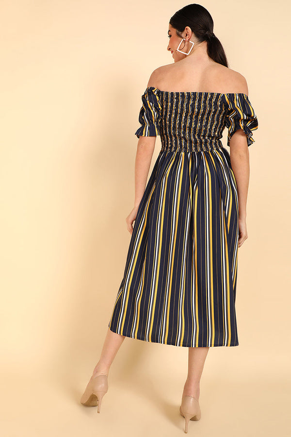  Women Navy Blue Polyester Striped Dress