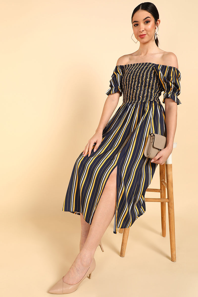  Women Navy Blue Polyester Striped Dress