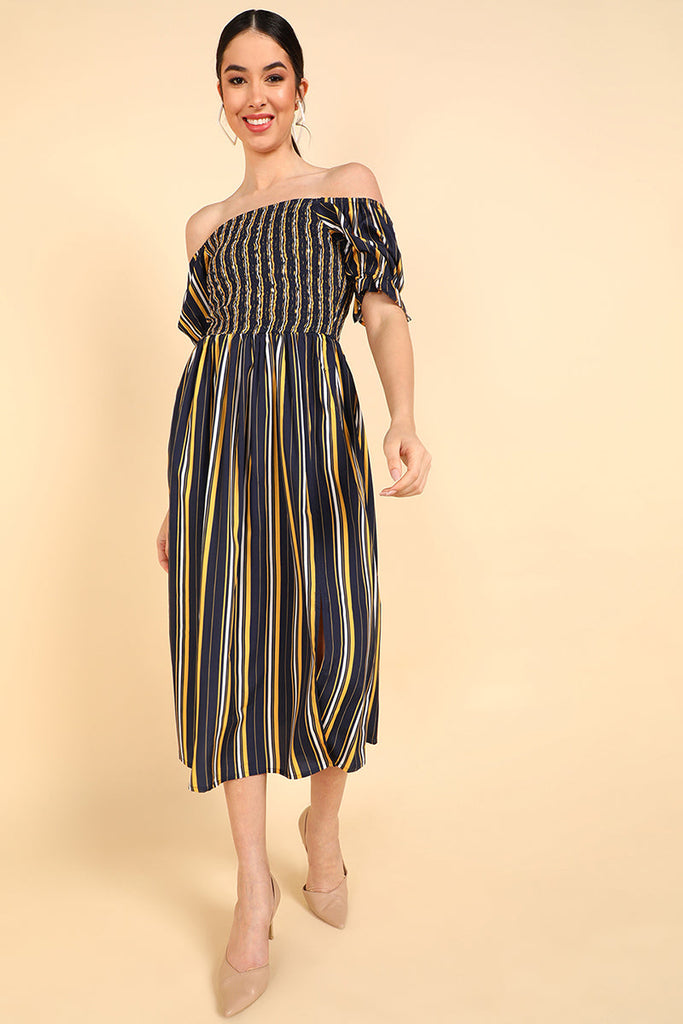  Women Navy Blue Polyester Striped Dress