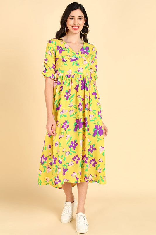  Women Yellow Georgette Printed Dress